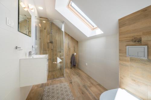 a bathroom with a shower and a toilet and a sink at Apartamenty Parkowa 13 in Darłówko