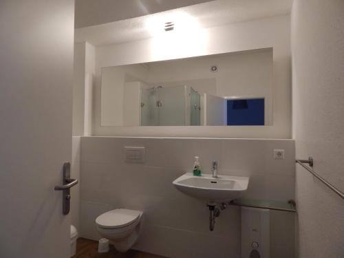a bathroom with a sink and a toilet and a mirror at FREE Apartment - Am Kurpark in Bad Urach