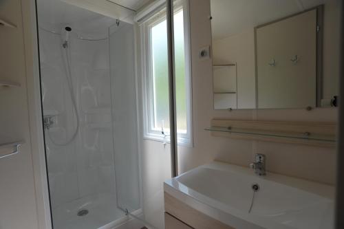 La salle de bains est pourvue d'une douche, d'un lavabo et d'un miroir. dans l'établissement Camping la Rouvière, à Chame