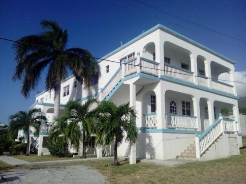 a white building with palm trees in front of it at Beverley's Guest House, Nevis in Nevis