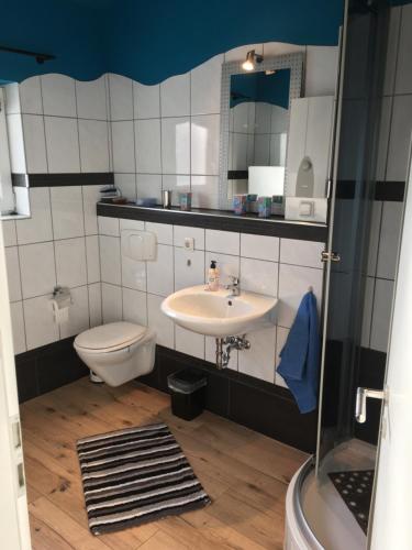 uma casa de banho com um lavatório e um WC em Ferienhaus Maar em Beckingen