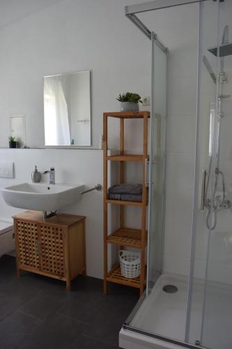 a bathroom with a sink and a glass shower at Apartments Alma in Pag