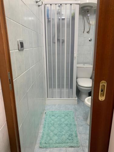 een badkamer met een douche, een toilet en een tapijt bij Playa Apartment in Catania