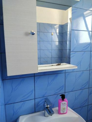 a bathroom with a sink with a pink soap container on it at Vila Panorama Ksamil in Ksamil