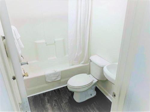 a white bathroom with a toilet and a sink at Stay Lodge Anderson in Anderson