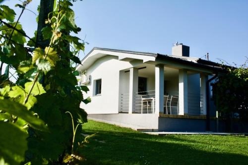 a white house with a grassy yard in front of it at NA OFF in Radenci