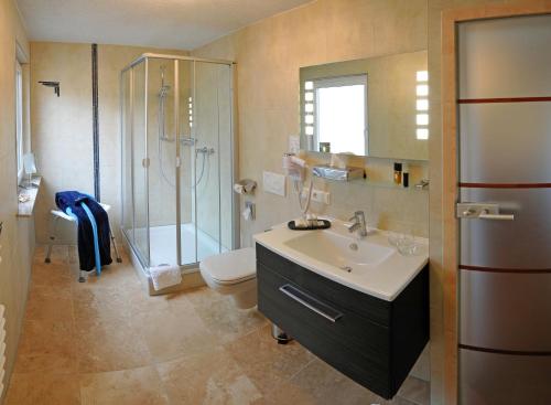 a bathroom with a sink and a shower and a toilet at Hotel Nothwang in Sindringen