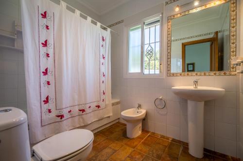 a bathroom with a toilet and a sink and a mirror at Chalet Miriam II in Conil de la Frontera