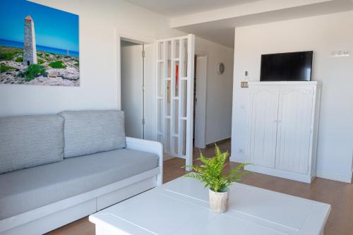 a living room with a couch and a tv at Naranjos Resort Menorca in S'Algar
