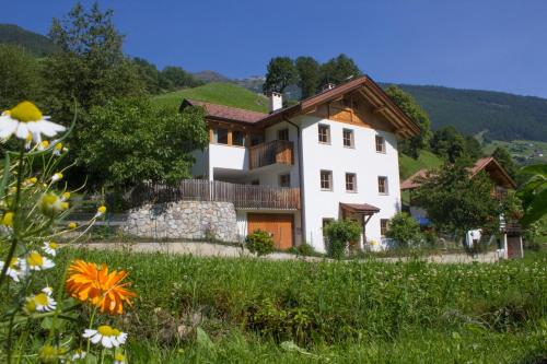 a large white house in a field of flowers at Ferienwohnungen Auhaus in Martello