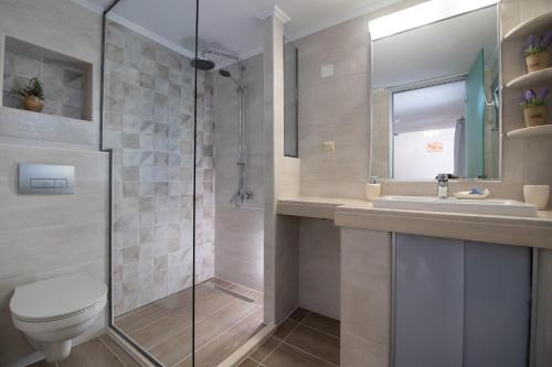W łazience znajduje się prysznic, toaleta i umywalka. w obiekcie Casa Demi w mieście Vasiliki