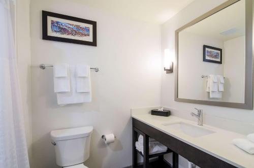 a bathroom with a sink and a toilet and a mirror at Comfort Inn & Suites Gulf Shores East Beach near Gulf State Park in Gulf Shores