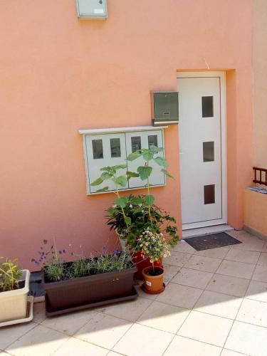 a building with a door and some potted plants at Sunshower apartment and studio in Split