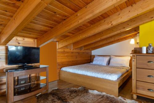 sypialnia z łóżkiem i telewizorem w pokoju w obiekcie Diamante Beachfront Suites w mieście Xylokastron