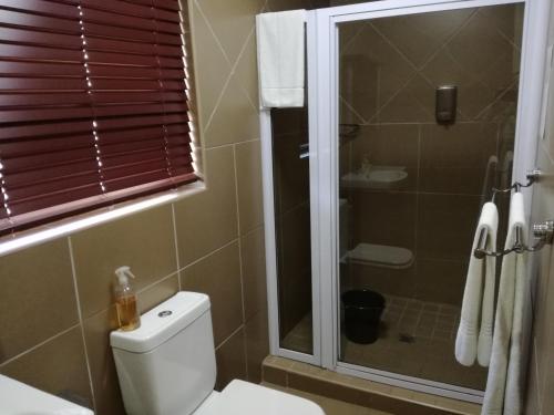 a bathroom with a toilet and a shower at Belmont Guesthouse in Bloemfontein