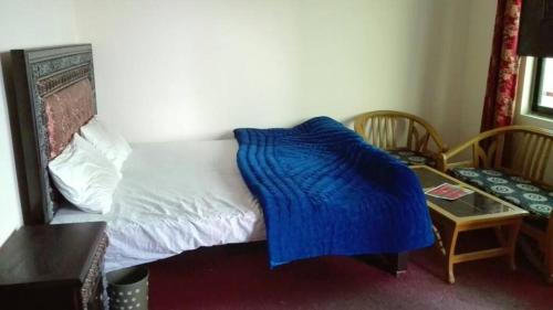 sypialnia z łóżkiem z niebieskim kocem w obiekcie Abbasi Hotel w mieście Murree