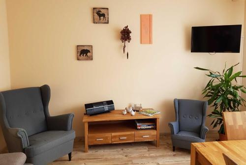 a living room with two chairs and a table and a tv at Ferienwohnung Rombachs Spatzennest in Herbolzheim