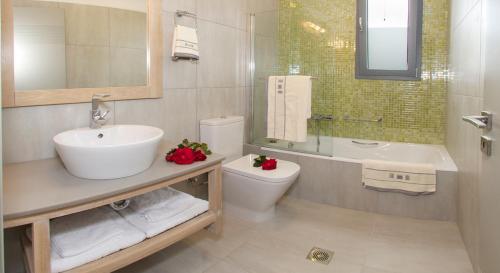 a bathroom with a sink and a toilet and a mirror at Luxury Villas Kefalonia in Trapezaki