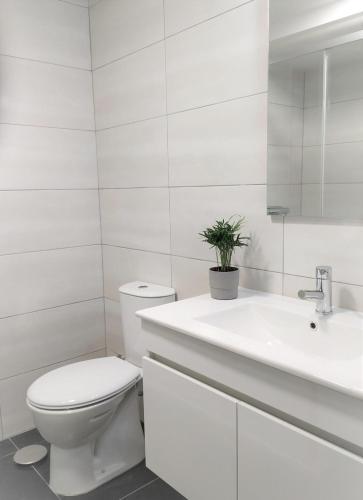 a white bathroom with a toilet and a sink at Anjo33 Flats in Braga
