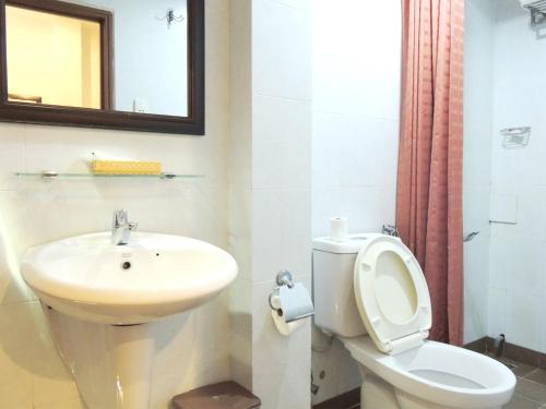 La salle de bains est pourvue d'un lavabo, de toilettes et d'un miroir. dans l'établissement Sao Nam Hotel - Bui Vien Walking Street, à Hô-Chi-Minh-Ville