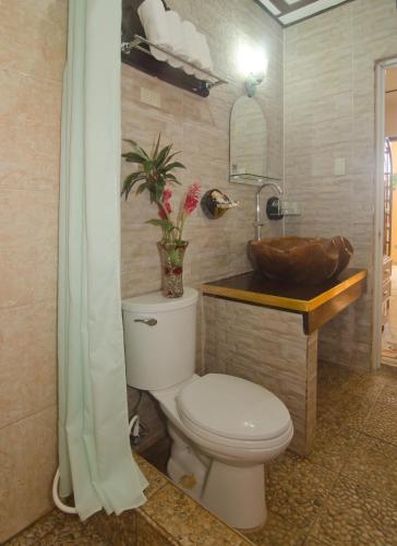 a bathroom with a toilet and a sink with a bowl at Deep Forest Garden Hotel in Puerto Princesa City
