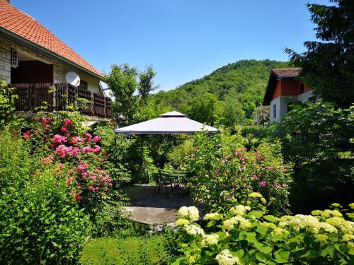 a patio with an umbrella and some flowers at Apartment Dedine Golubac in Golubac