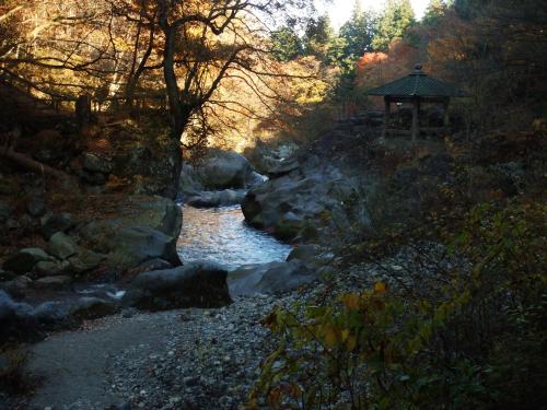 a river with a gazebo in the middle of a forest at Nikko Pension L'escale in Nikko