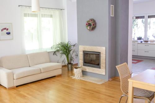 a living room with a couch and a fireplace at Krokodyl Sport&Spa in Mielno
