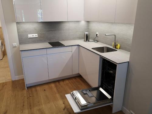 Una pequeña cocina con fregadero y estufa. en Lavender Home ground floor, en Juodkrantė