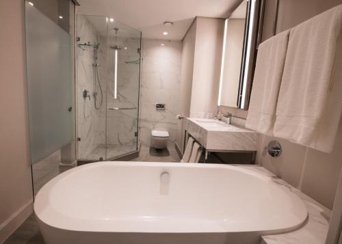 a bathroom with a tub and a shower and a toilet at Houghton Executive Suites (Self Catering Apartments) in Johannesburg