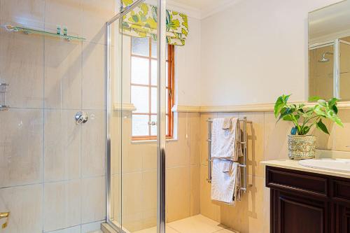 un bagno con doccia e lavandino di Glen Ormond Country House a Henburg Park