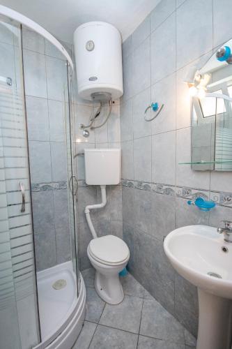 a bathroom with a toilet and a sink and a shower at Apartments Duskic in Utjeha