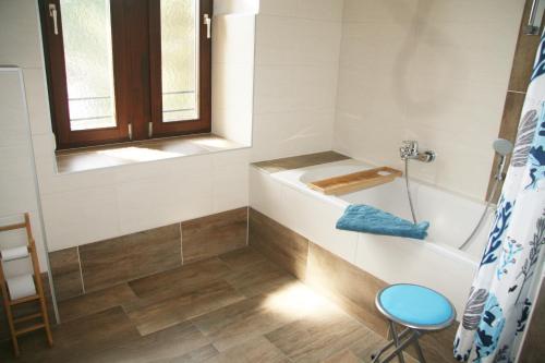a bathroom with a bath tub and a window at Alte Volksschule - schual in gradne in Liebenfels