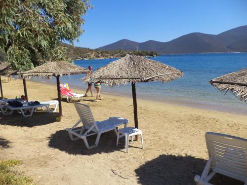 a group of chairs and umbrellas on a beach at Little Bit Of Heaven in Soúrpi