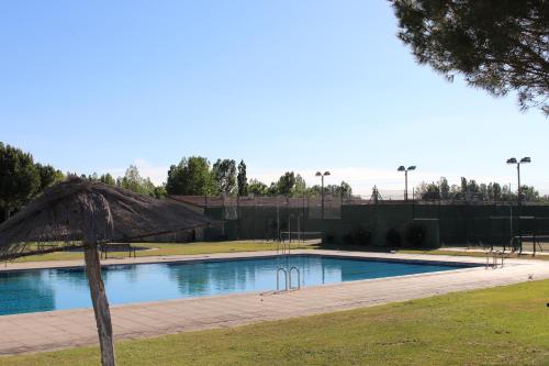 a swimming pool with a straw umbrella in a park at Vettonia in Ávila