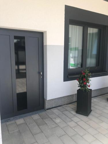 a building with two doors and a potted plant at Hotel Lumi in Freiburg im Breisgau