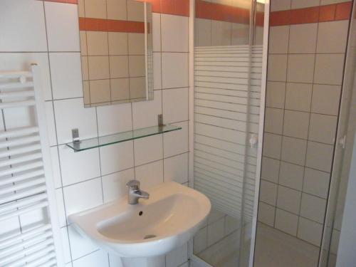 ein Bad mit einem Waschbecken und einem Spiegel in der Unterkunft Ferienhaus am Kloster Stuben in Bremm