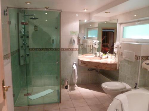 een badkamer met een douche, een toilet en een wastafel bij Hotel Restaurant Les Pins logis in Haguenau