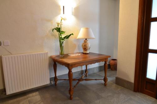 a table with a lamp and a plant on it at Casa de la Cadena in Asiáin