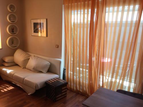 Apartment Leon في بون: غرفة معيشة مع أريكة ونافذة كبيرة
