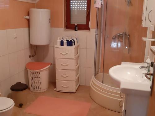 een badkamer met douche, toilet en wastafel bij Apartment Brcko Distrikt in Brčko