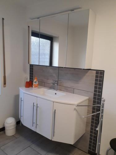 ein Badezimmer mit einem weißen Waschbecken und einem Spiegel in der Unterkunft Fewo-Eichenkopf in Völklingen
