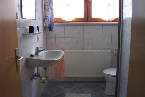 a bathroom with a sink and a toilet at Ferienwohnung Kolb in Isny im Allgäu