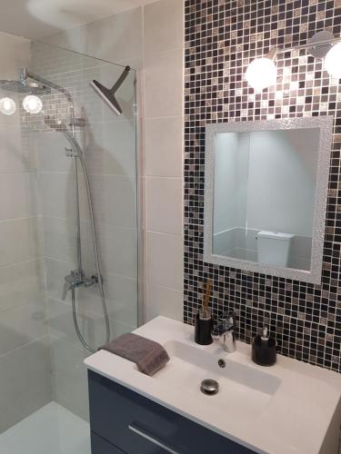 a bathroom with a sink and a shower with a mirror at Le Clos d'Any in Fontet