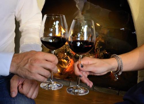 three people holding wine glasses in front of a fireplace at Hotel Pfleger in Anras