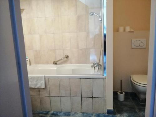 uma casa de banho com banheira e WC em Chambres d´Hôtes Le Cèdre Bleu em Saint-Lattier