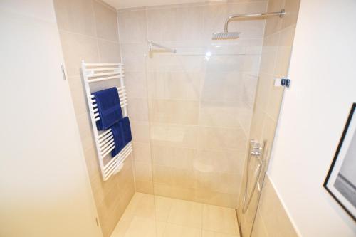 W łazience znajduje się prysznic i niebieski ręcznik. w obiekcie Modern apartment near downtown w Monachium