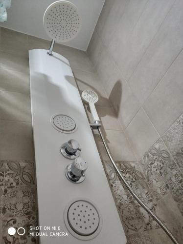 a shower in a bathroom with two shower heads at solaz del ambroz-Hervas in Hervás