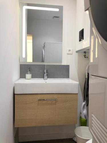 bagno con lavandino e specchio di Double Studios Indépendant, Hyper Centre, WIFI a Hyères