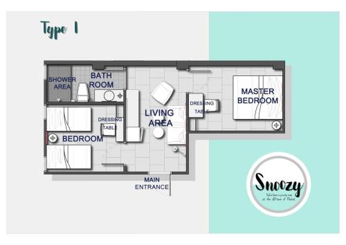 a floor plan of a villa with a living area at Snoozy Guesthouse in Phuket Town